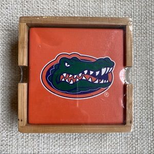 NWT, University of Florida, Gators, Set of 4 Ceramic Coasters in a Wooden Caddy